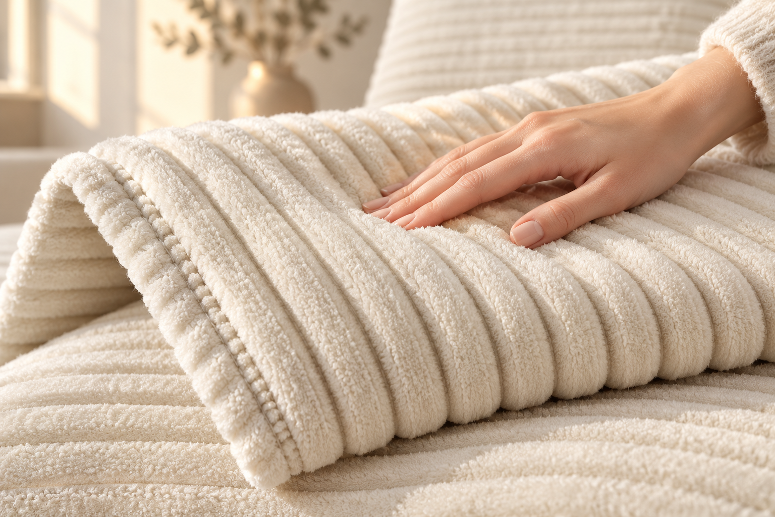 Close view of thick cream-white corduroy ribs and a stitched textile edge.