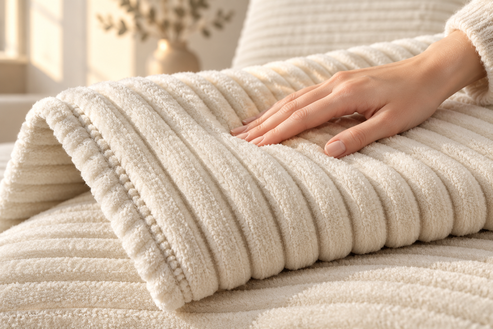 Close view of thick cream-white corduroy ribs and a stitched textile edge.
