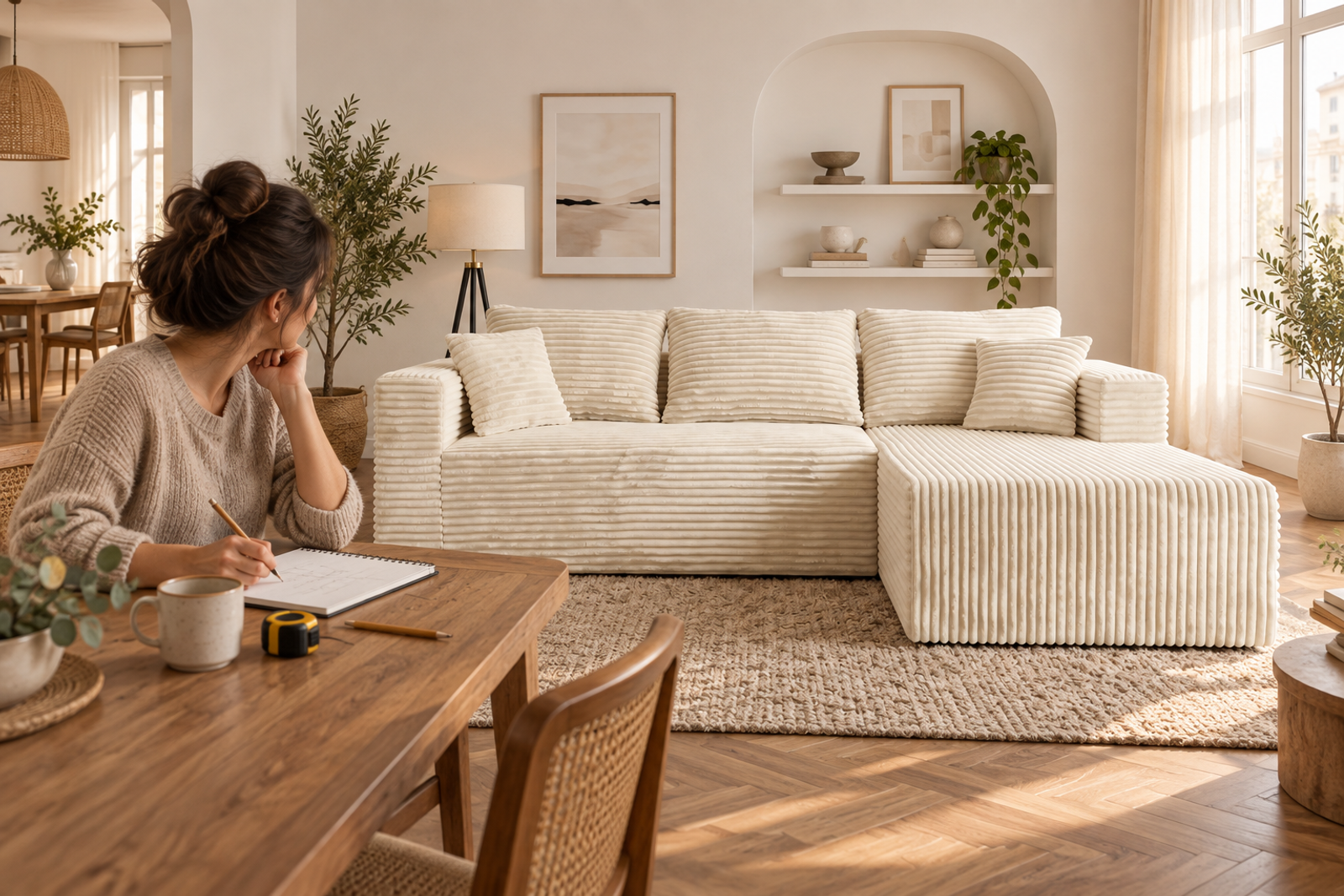 A homeowner recording familiar-seat measurements in a notebook.
