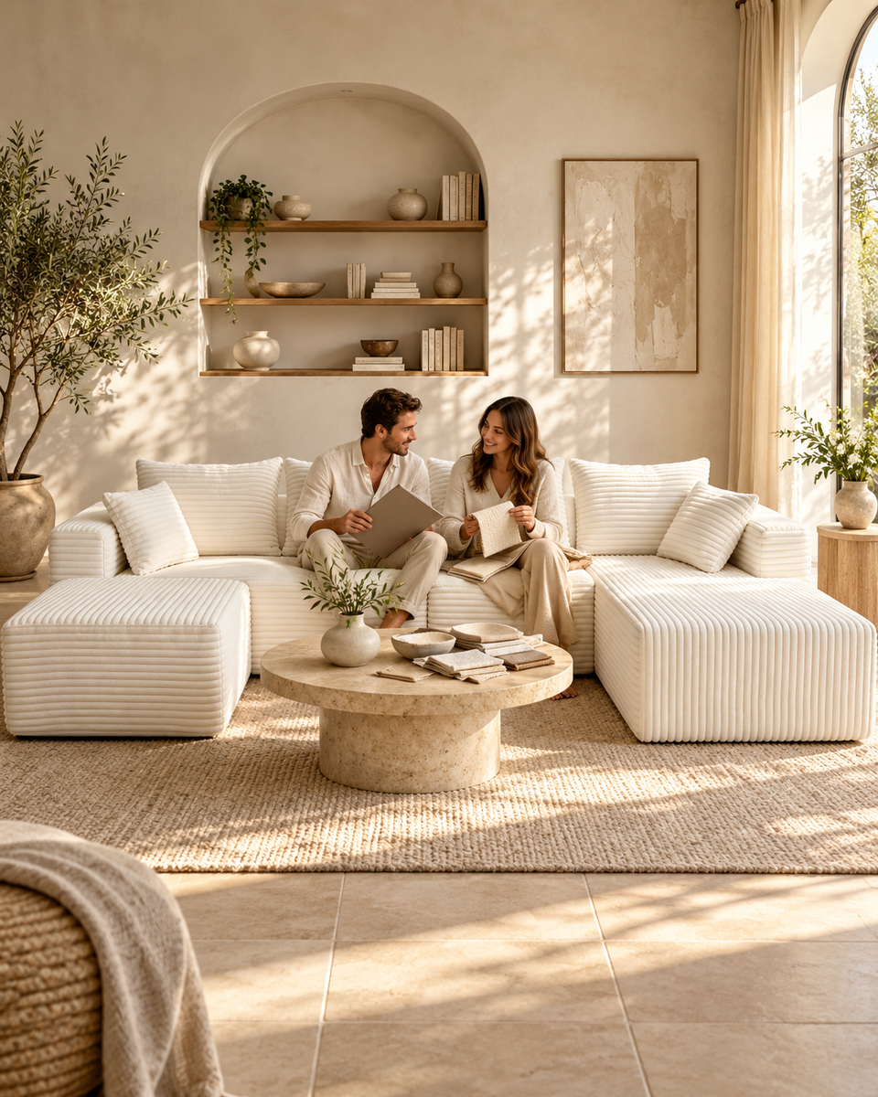 Couple reviewing upholstery swatches on a cream-white corduroy compressed sofa.