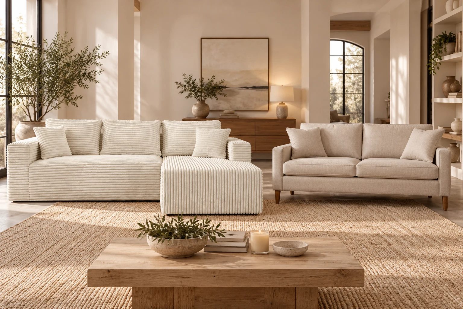 A low cream corduroy sectional and an unbranded raised-leg woven sofa illustrate different seating geometries.