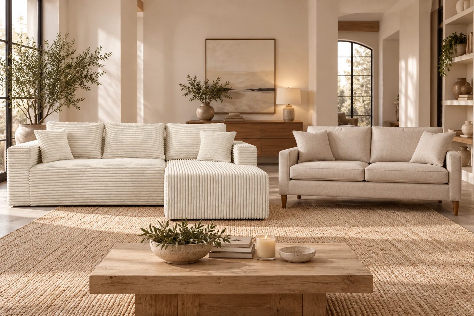 A low cream corduroy sectional and an unbranded raised-leg woven sofa illustrate different seating geometries.