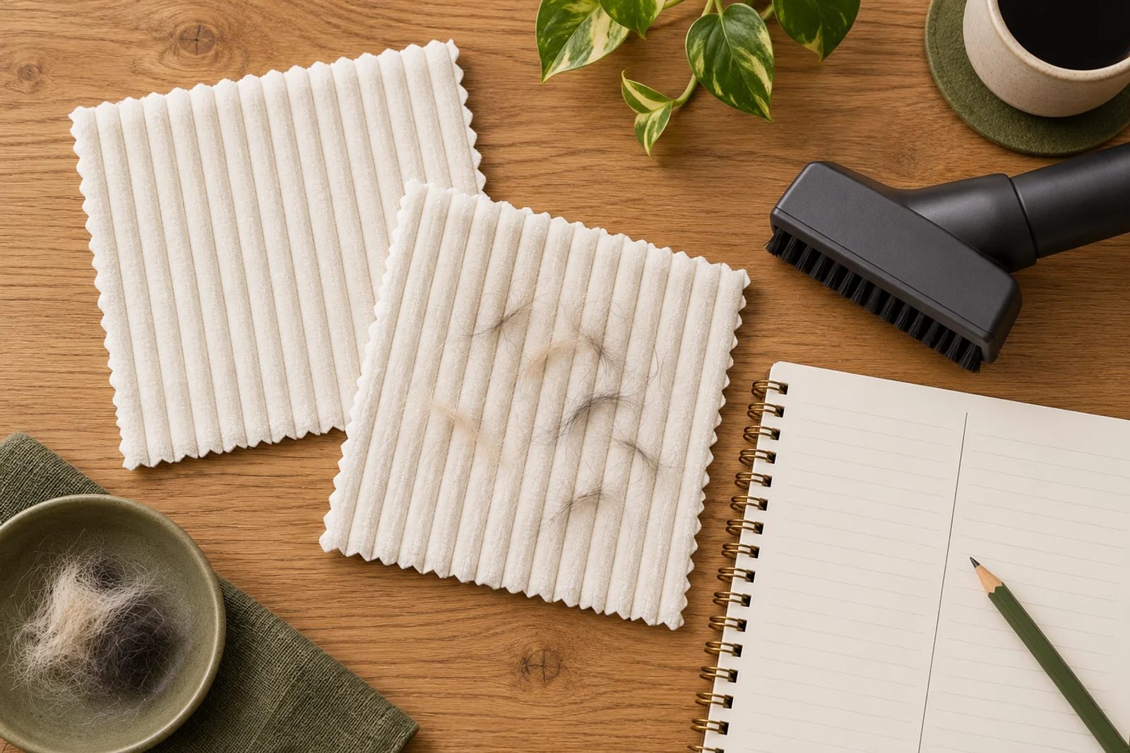 Illustration of fabric samples, loose hair, an upholstery nozzle and a blank comparison notebook