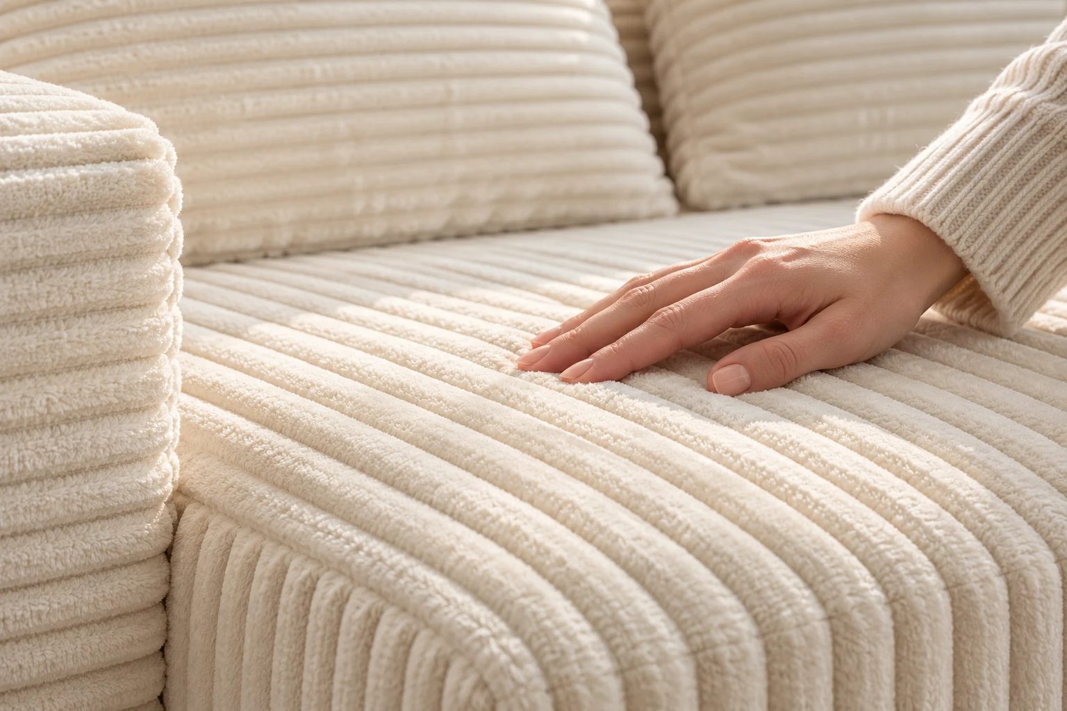 A hand rests against the broad plush ribs of cream white corduroy upholstery.