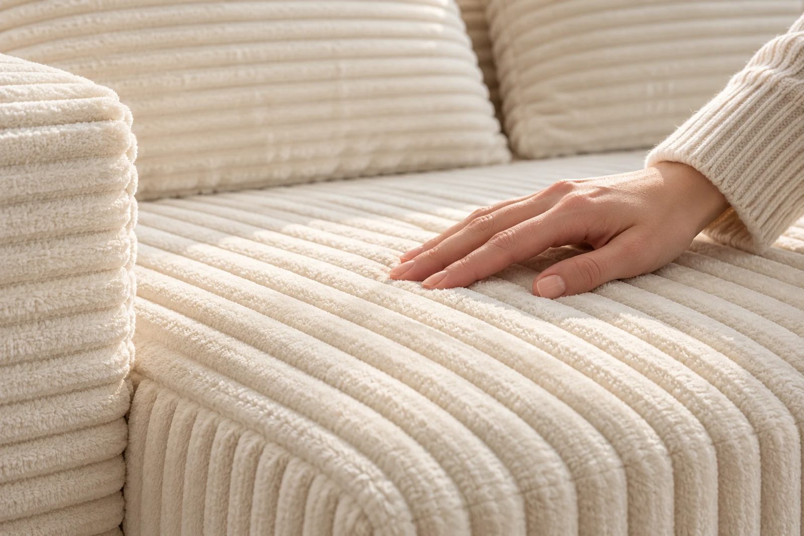 A hand rests against the broad plush ribs of cream white corduroy upholstery.