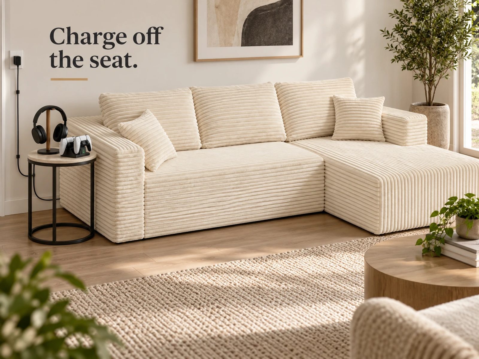 A side table beside the corduroy sofa holds controllers and a headset, with cables kept away from the walking route.