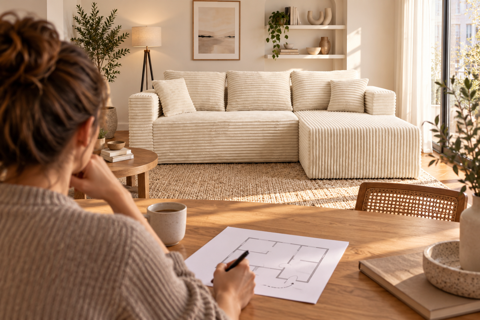 A homeowner keeping moving-route notes beside a cream-white sofa.