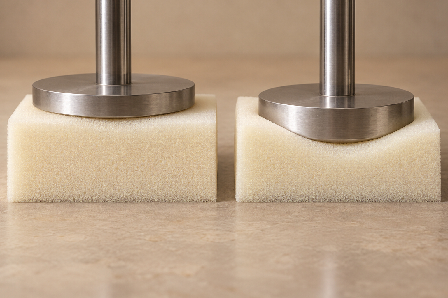 Illustrative foam samples compressed to different depths by round platens
