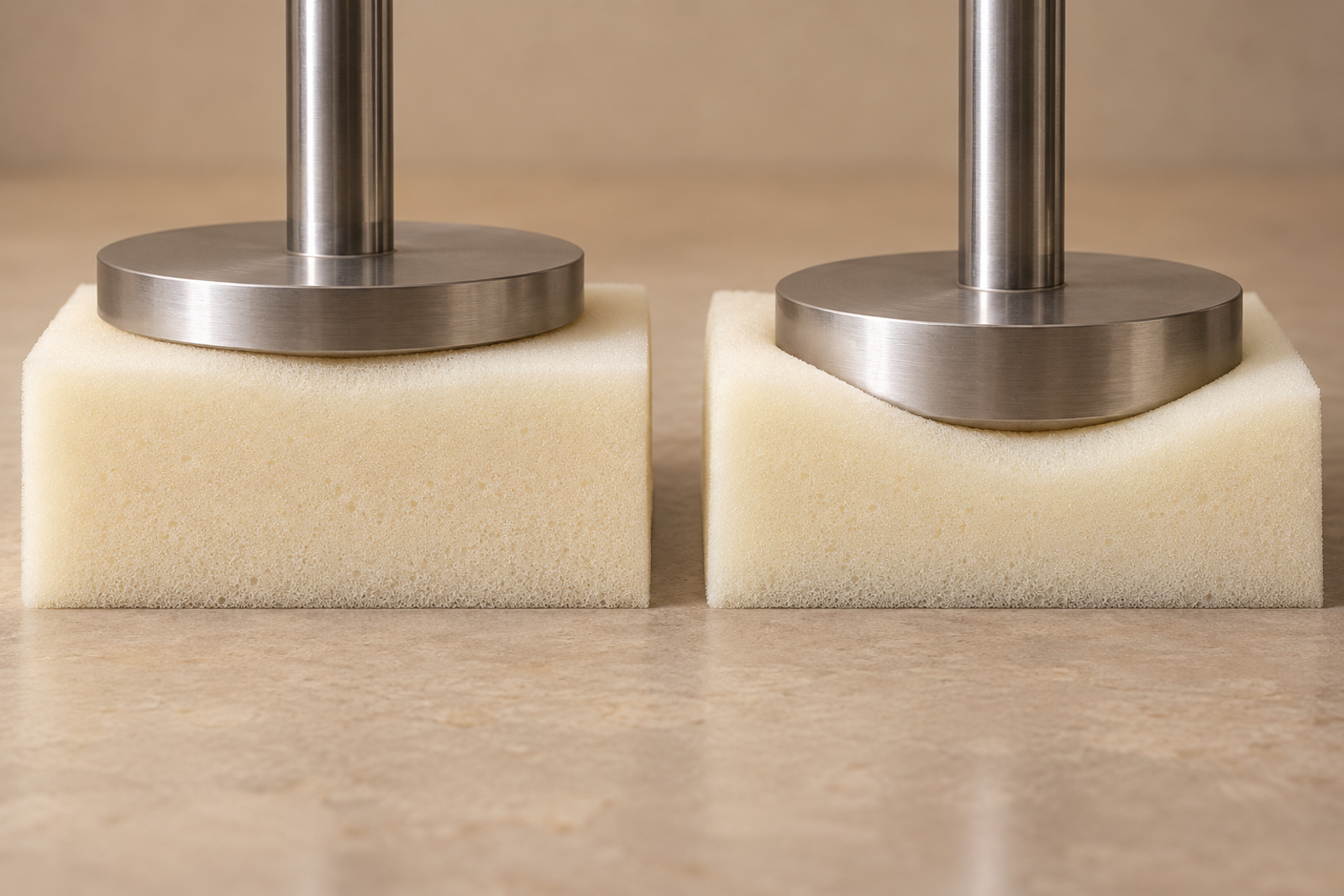 Illustrative foam samples compressed to different depths by round platens