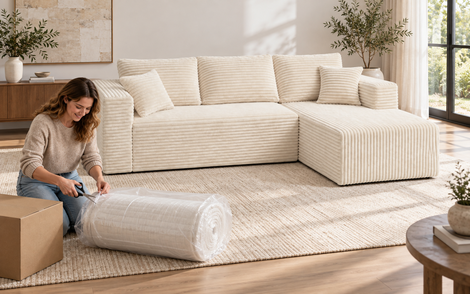 A woman opening protective shipping packaging in a room with a cream-white compressed sofa.