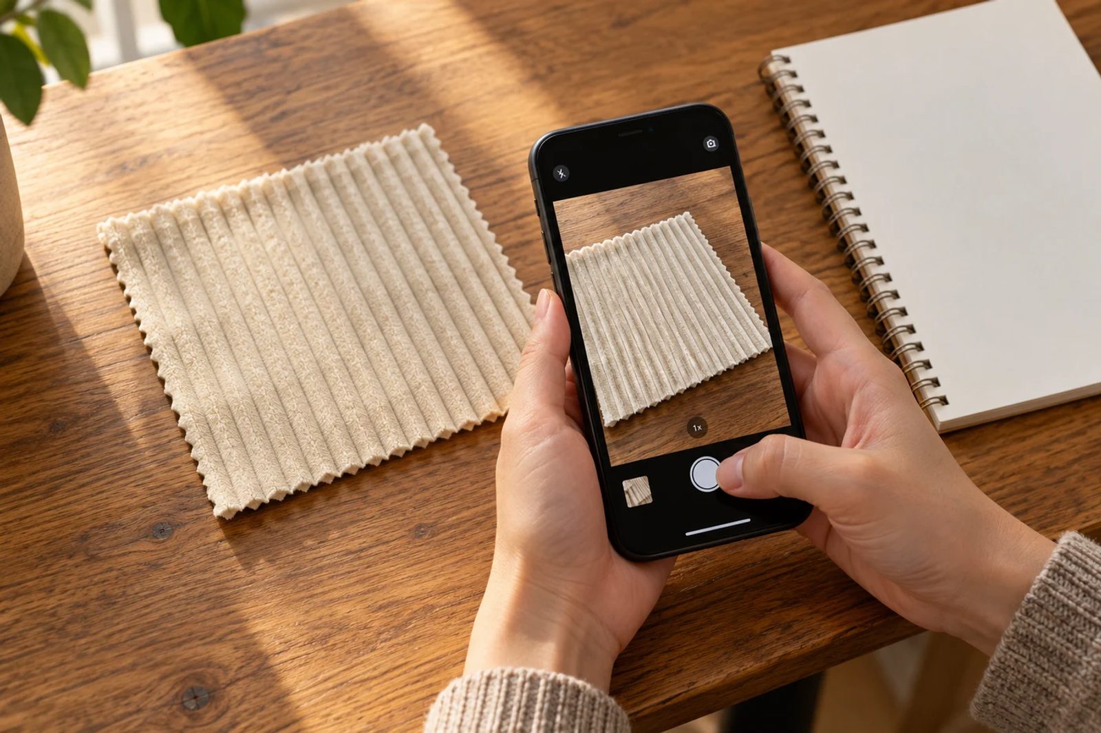 Hands recording a corduroy sample under indirect window light with a phone and notebook.