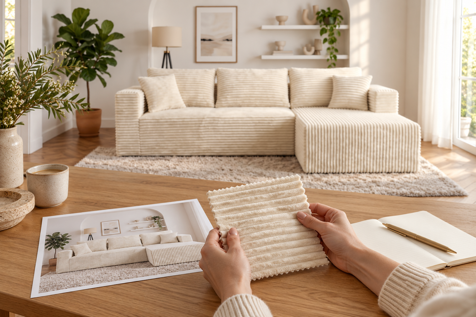 Hands comparing a cream corduroy swatch with a sofa photograph and notebook.