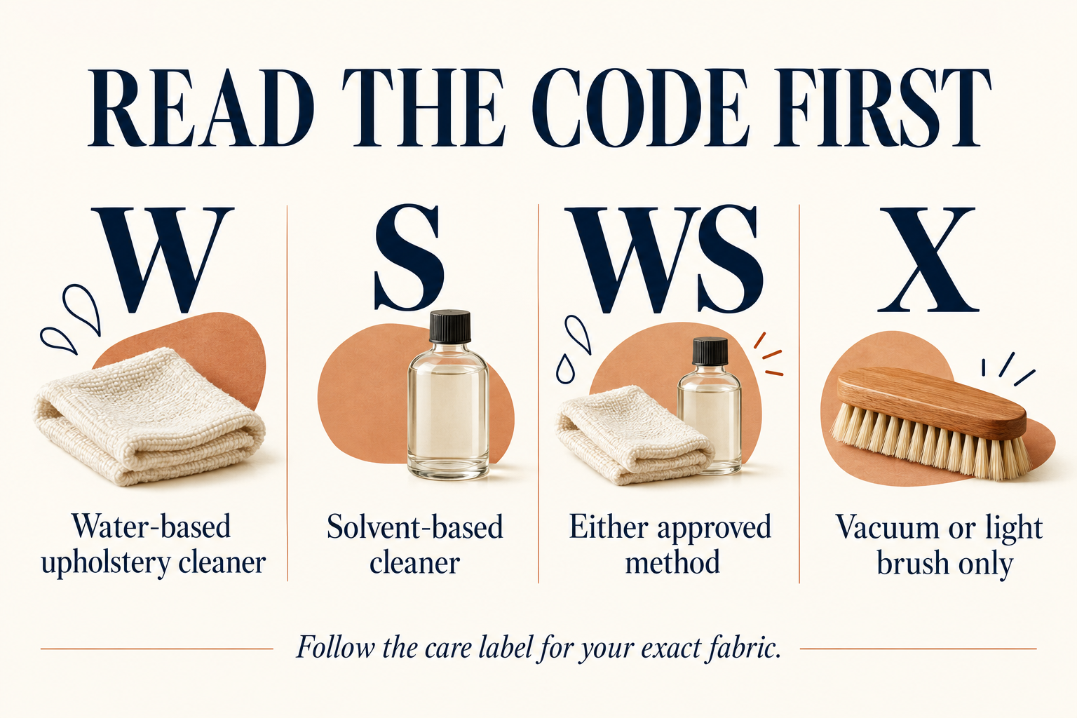 Upholstery cleaning codes W, S, WS and X with their different method categories.