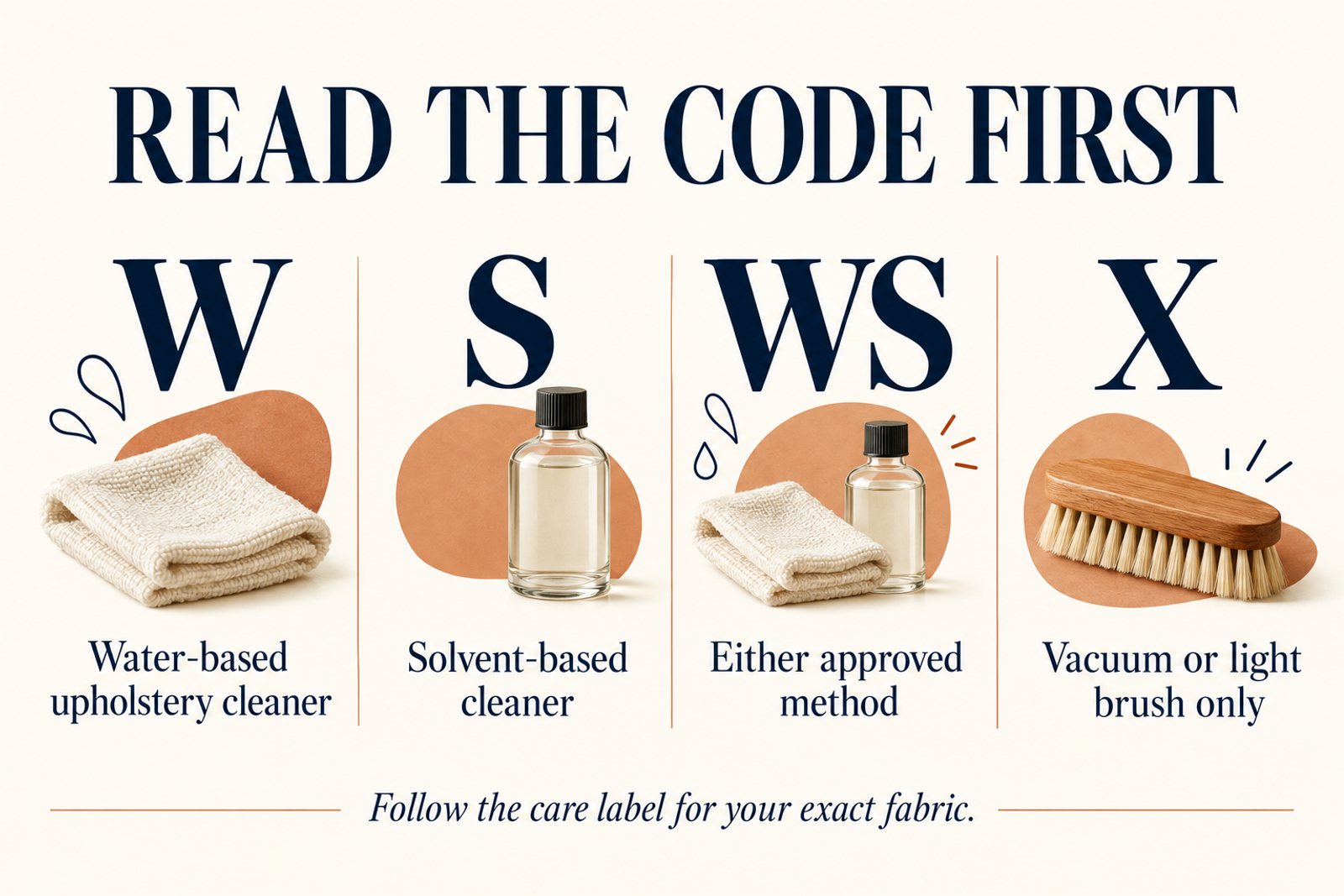 Upholstery cleaning codes W, S, WS and X with their different method categories.