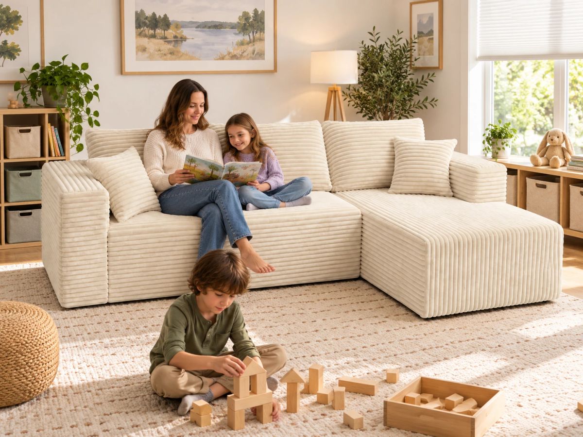 An illustrated family playroom with an adult and school-age child reading on a cream corduroy compressed sofa while another child uses the open floor.