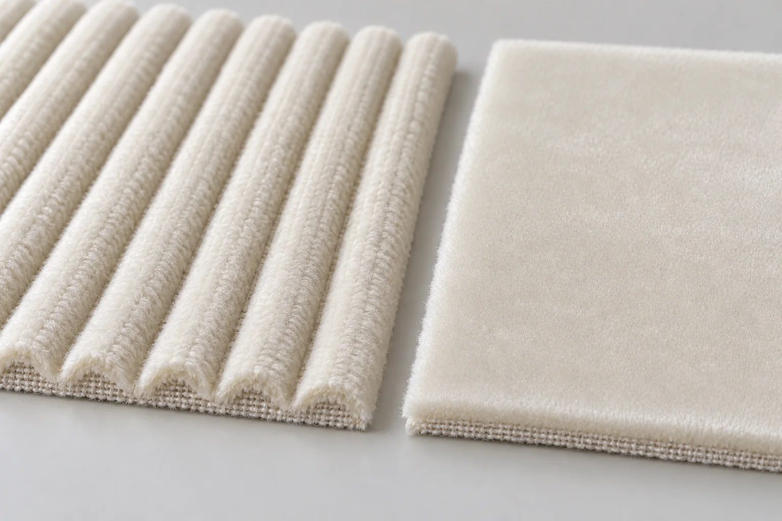 A close-up illustration shows raised white corduroy ribs beside a separate white velvet sample with a flat, short-pile surface.