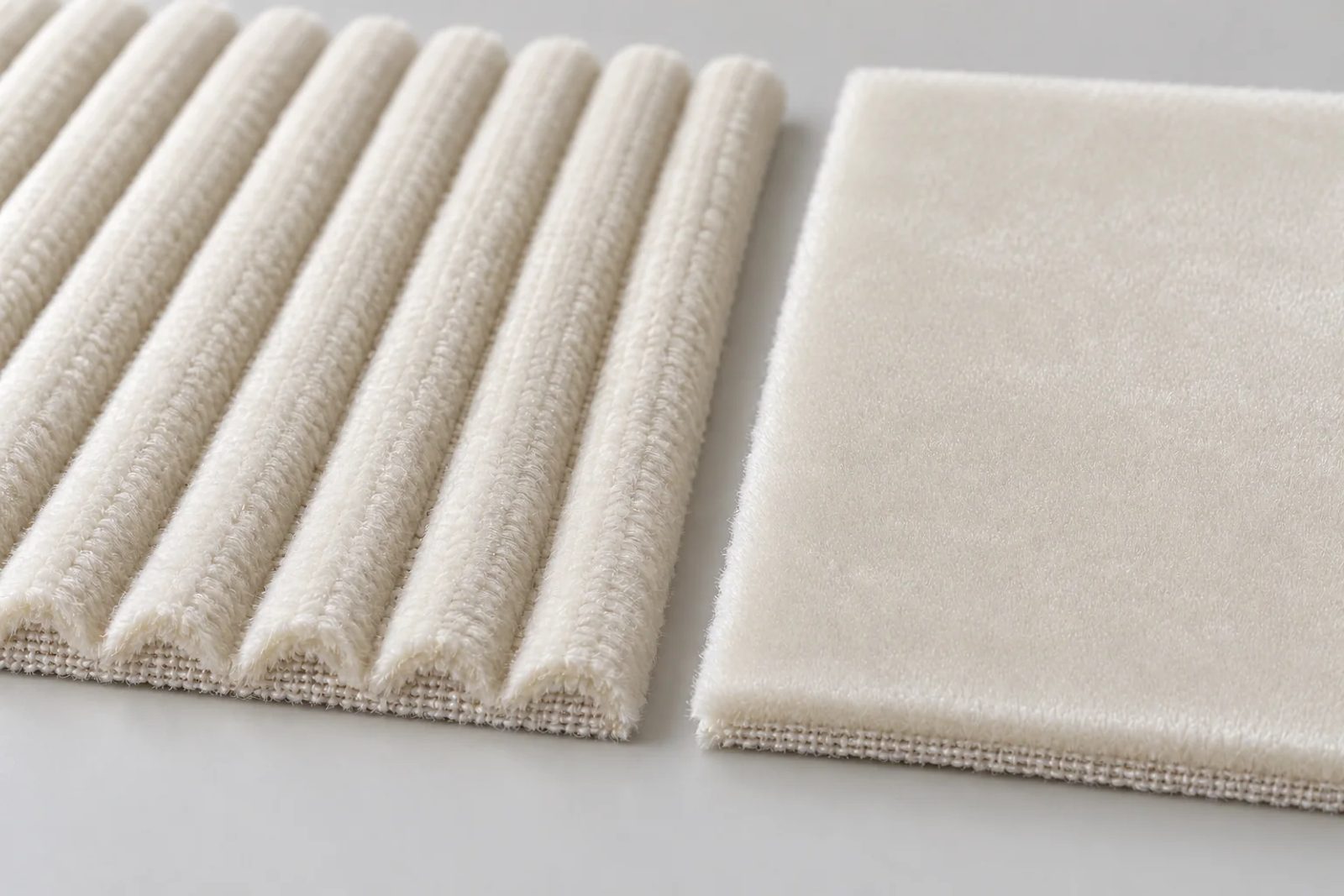 A close-up illustration shows raised white corduroy ribs beside a separate white velvet sample with a flat, short-pile surface.