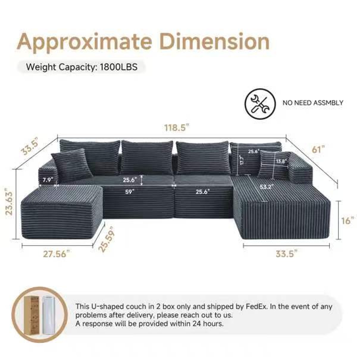 Approximate dimensions for The Big U modular sectional