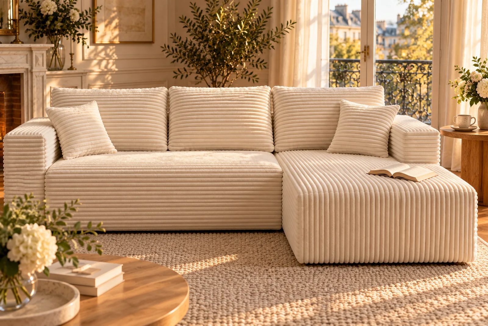 An open book rests beside the separate back pillows on THE L's Cream White corduroy seat, with its chaise ready for stretching out.