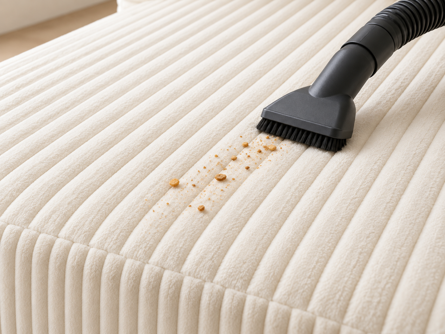 An upholstery vacuum attachment follows the broad cream corduroy channels