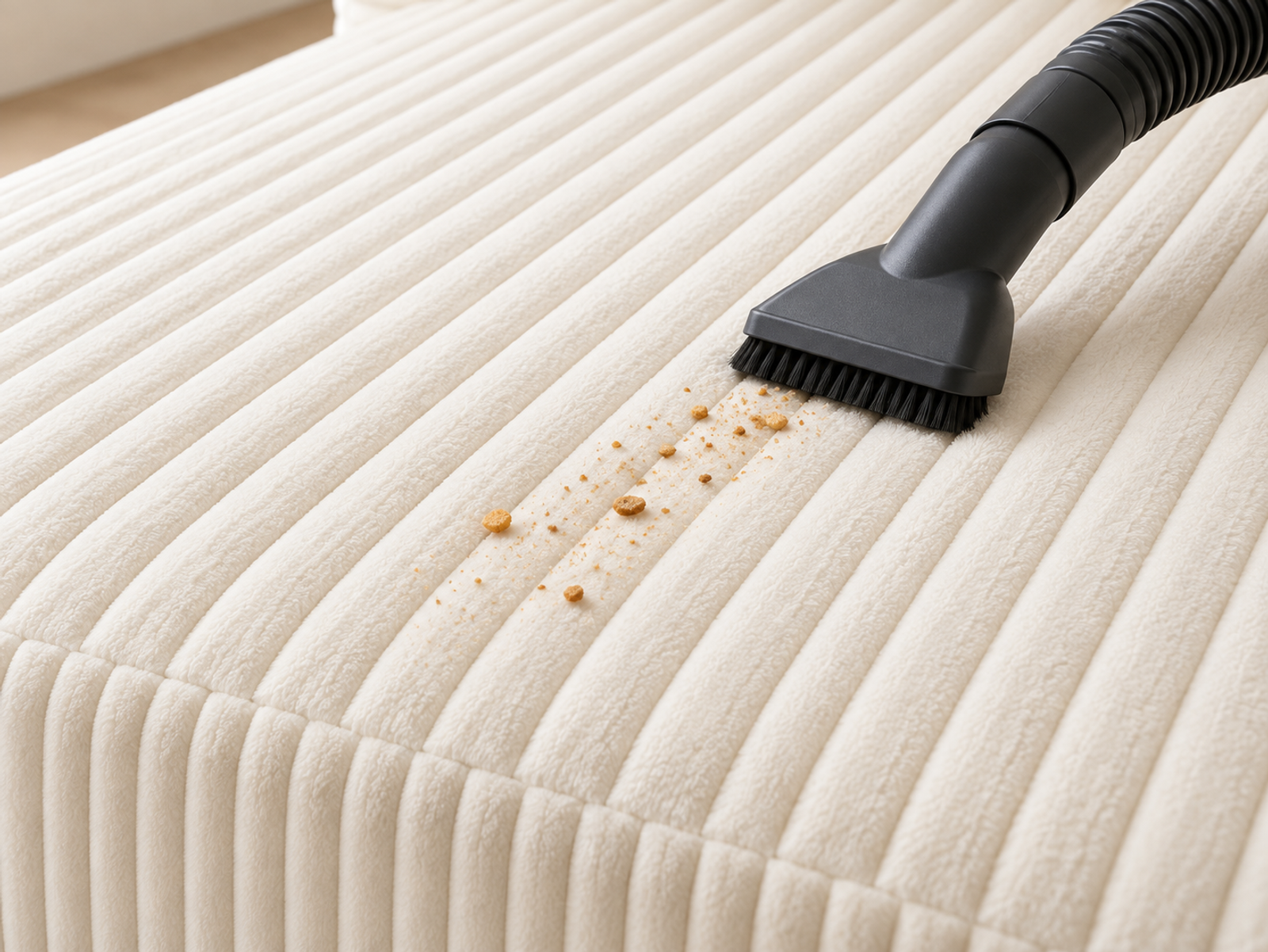 An upholstery vacuum attachment follows the broad cream corduroy channels