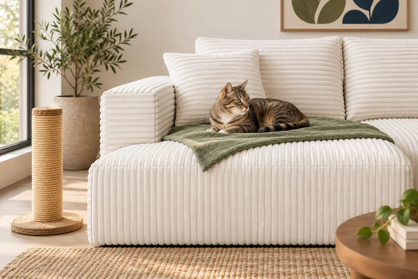 Illustration of a cat resting on a flat throw on a short chaise with a scratching post beside the sofa