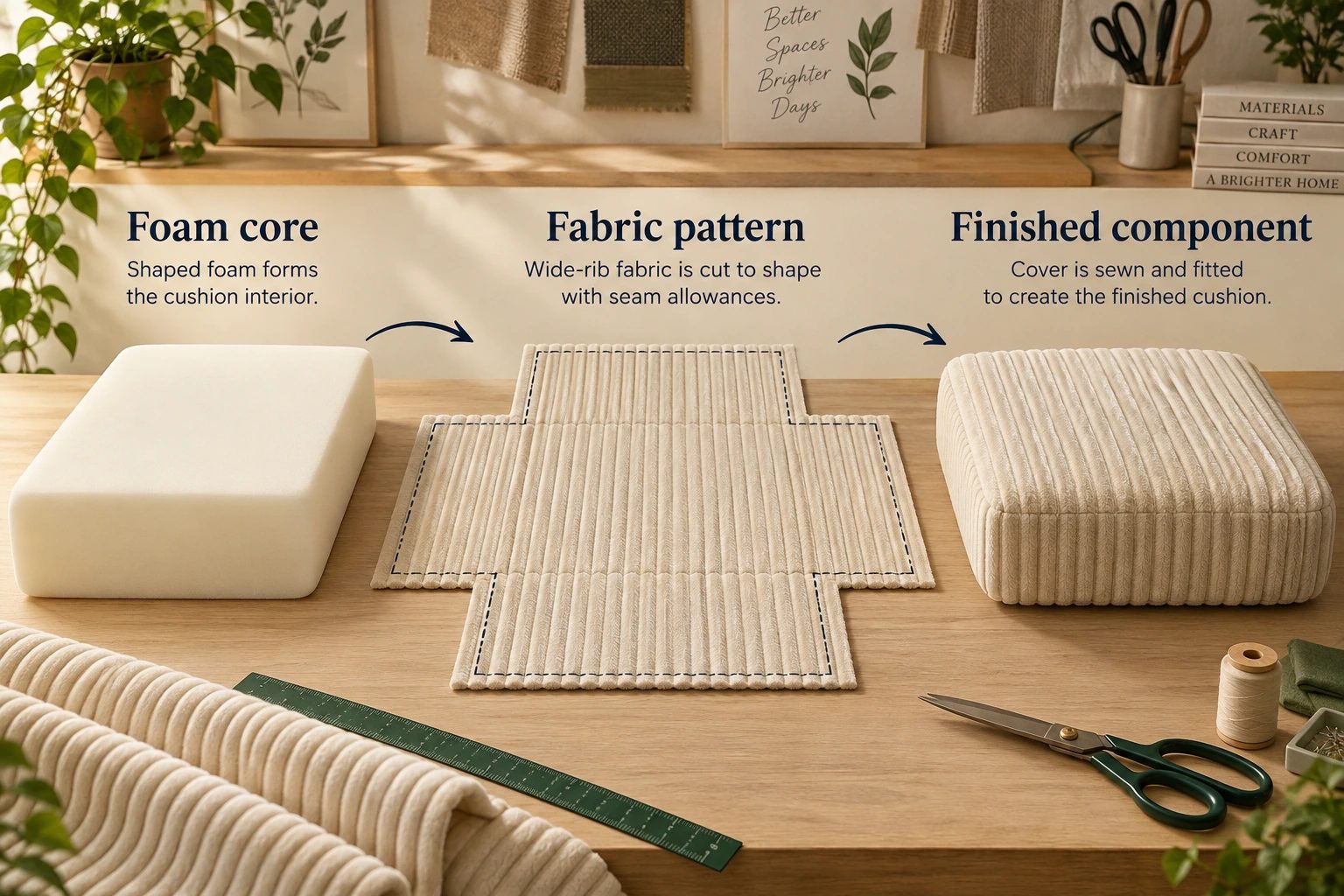 Three separate examples show a foam core, a corduroy fabric pattern and a finished covered component.