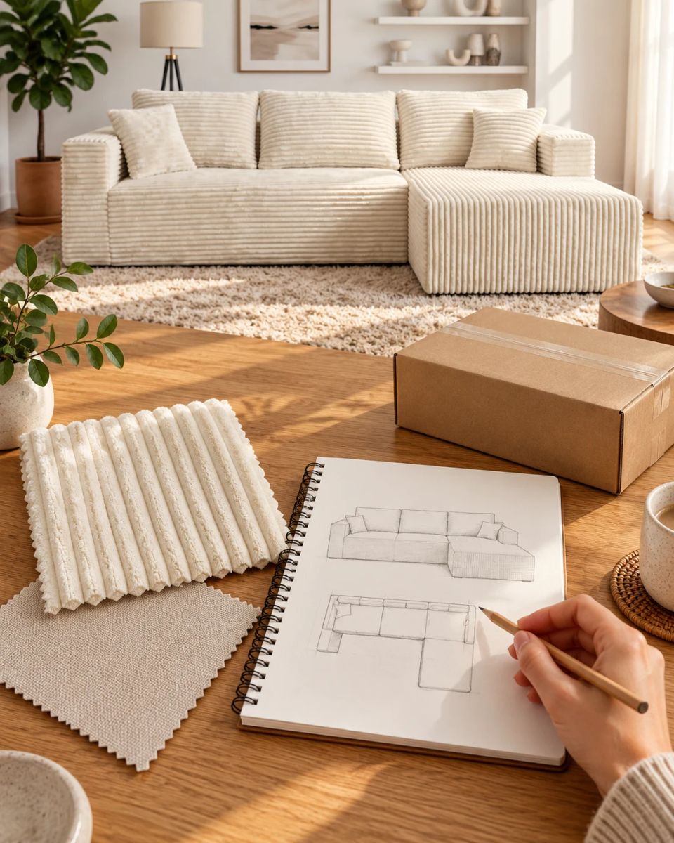 Fabric samples and sofa planning notes beside a cream corduroy sectional