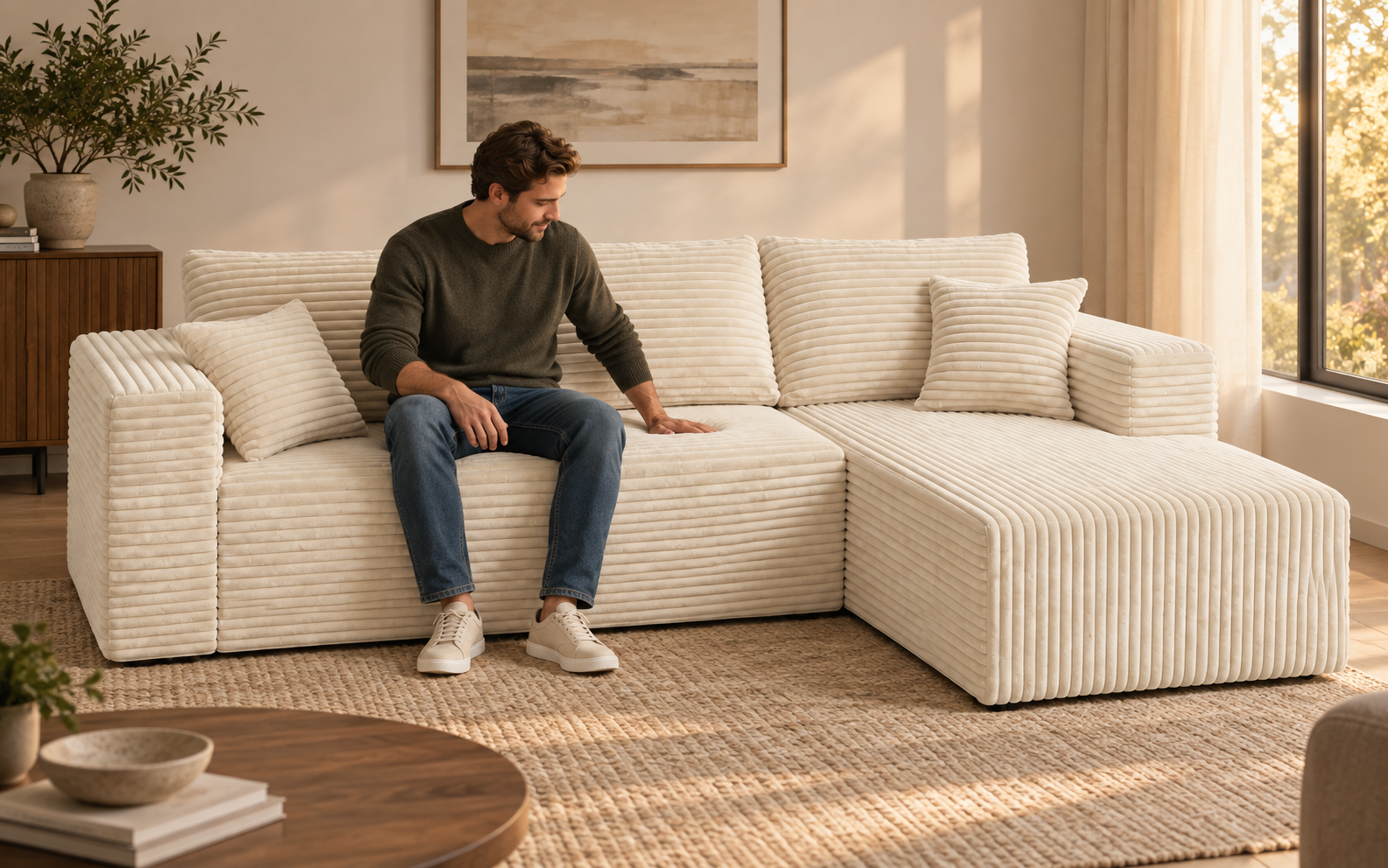 A person examining the seat and outline of a cream-white compressed sofa.