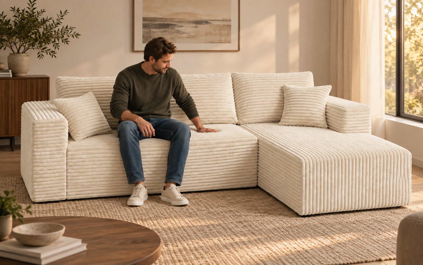 A person examining the seat and outline of a cream-white compressed sofa.
