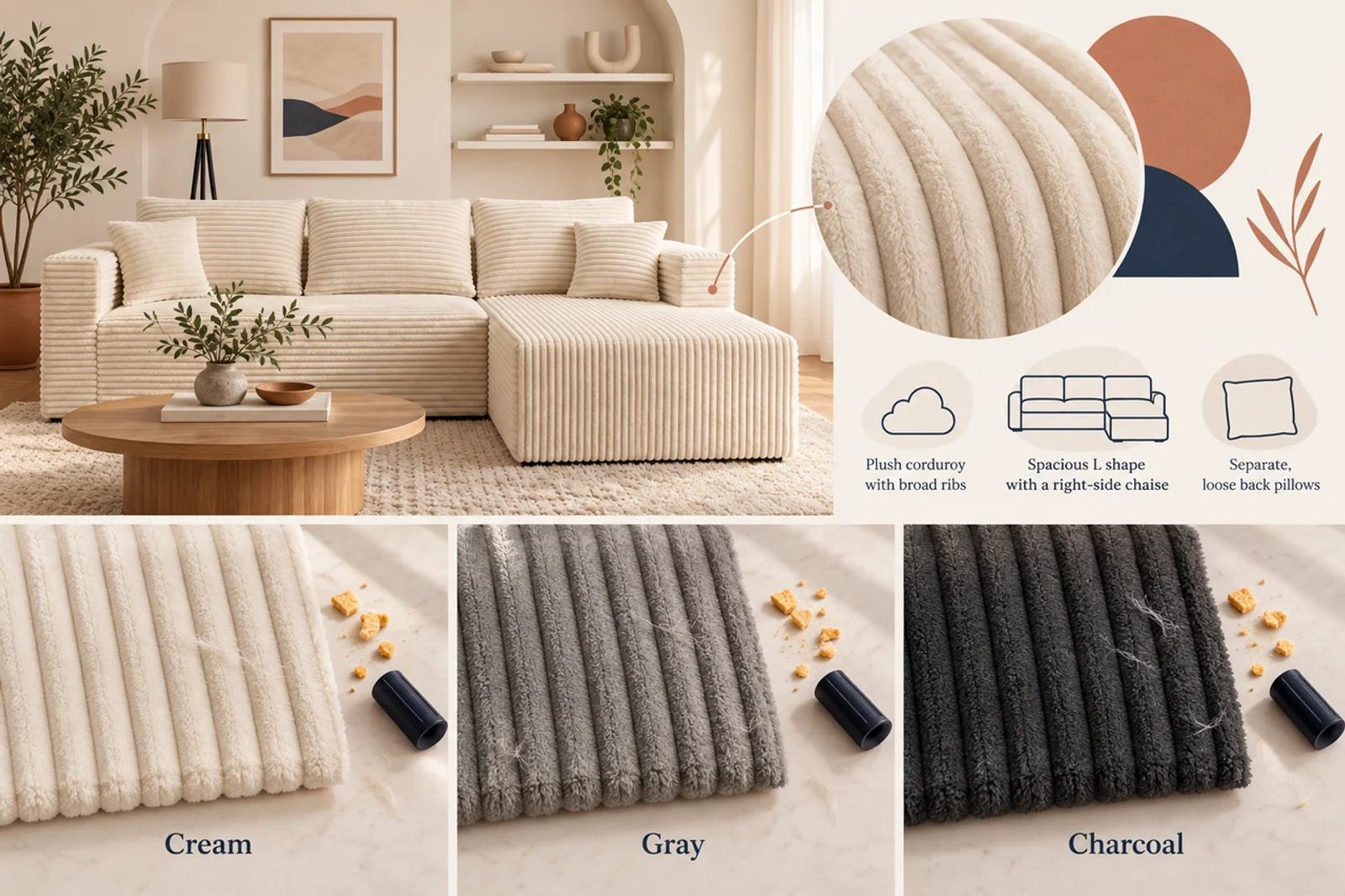 Cracker crumbs and pale lint are compared on cream, gray and charcoal corduroy swatches.