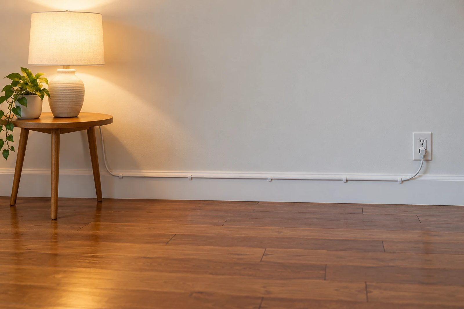 Route a lamp cord to its lamp along the wall, without trapping it under furniture or crossing the walking floor.