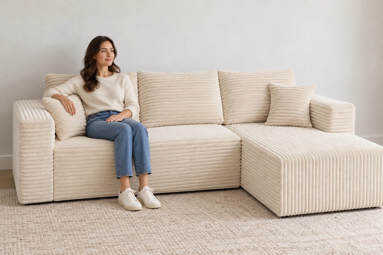 Describe the settled sitting position, not only the first soft touch.