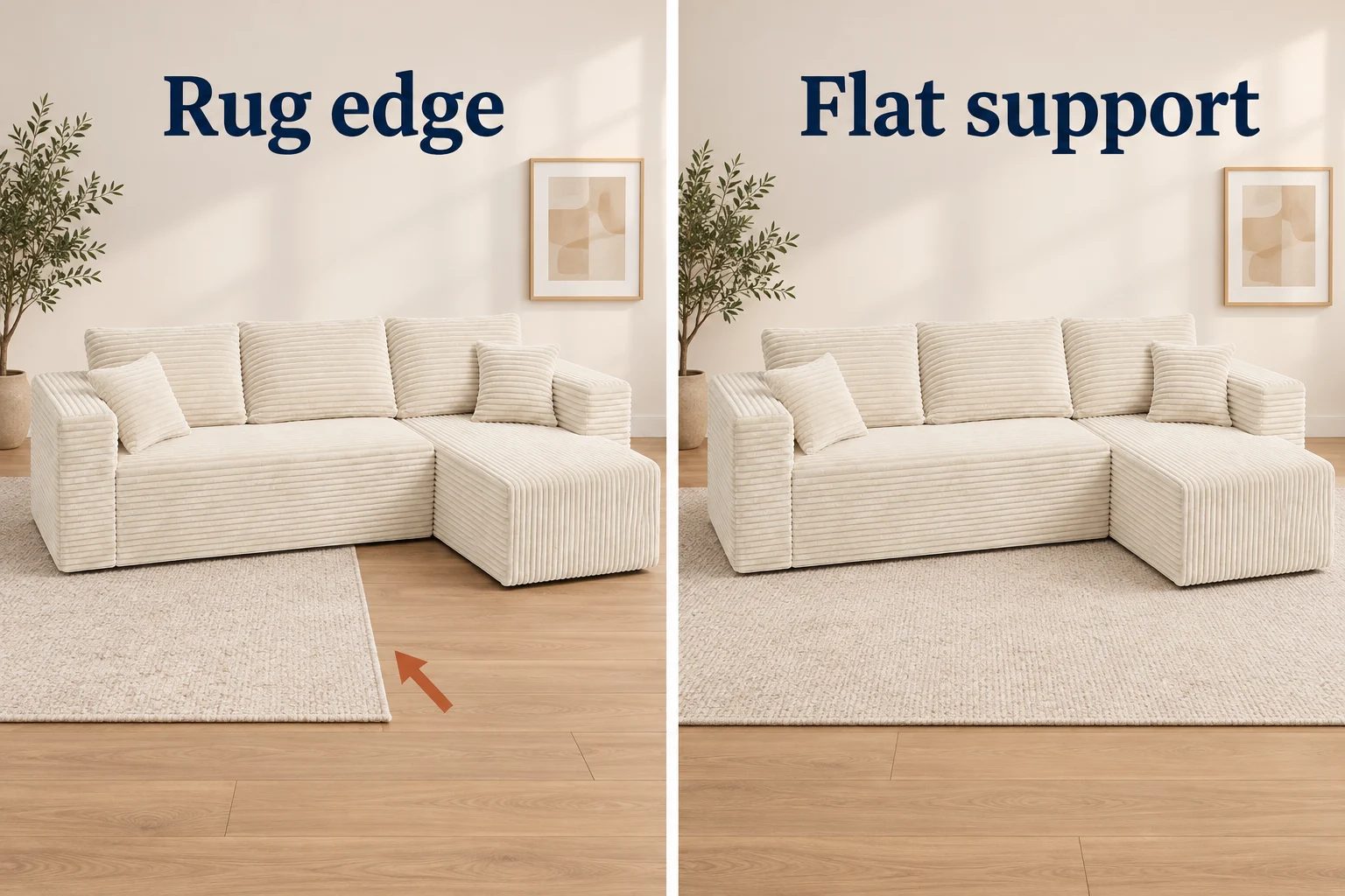 THE L stays the same shape while the diagram compares a rug edge beneath it with a flat, fully supporting rug.