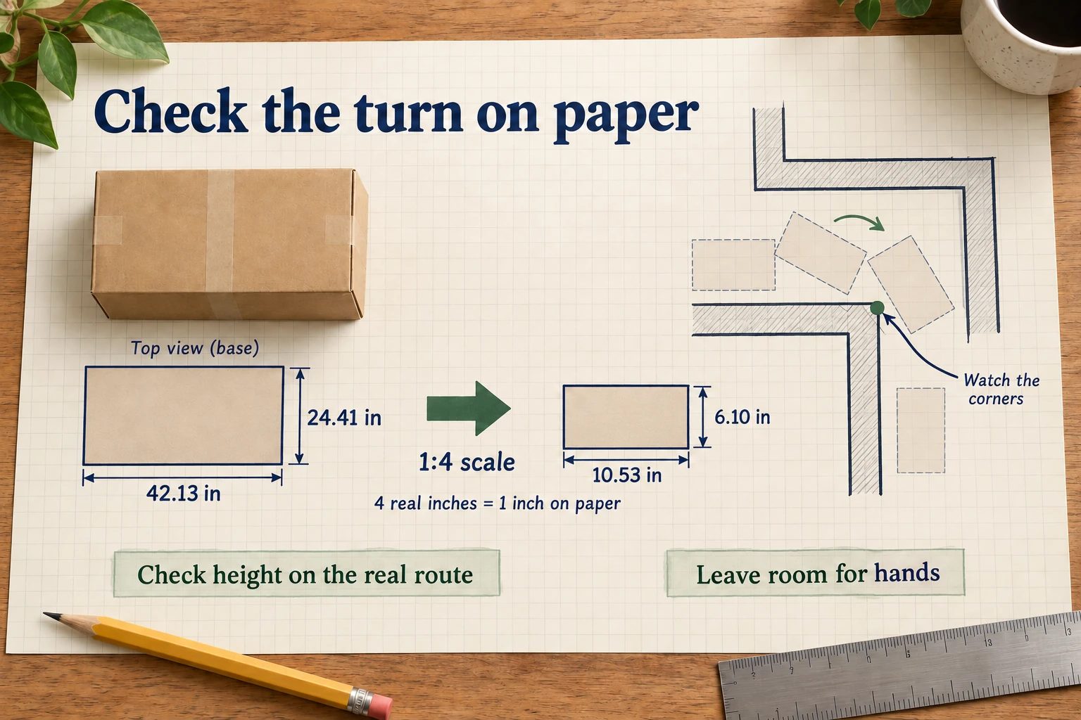 The L carton base scales from 42.13 by 24.41 inches to a 10.53 by 6.10-inch paper rectangle.