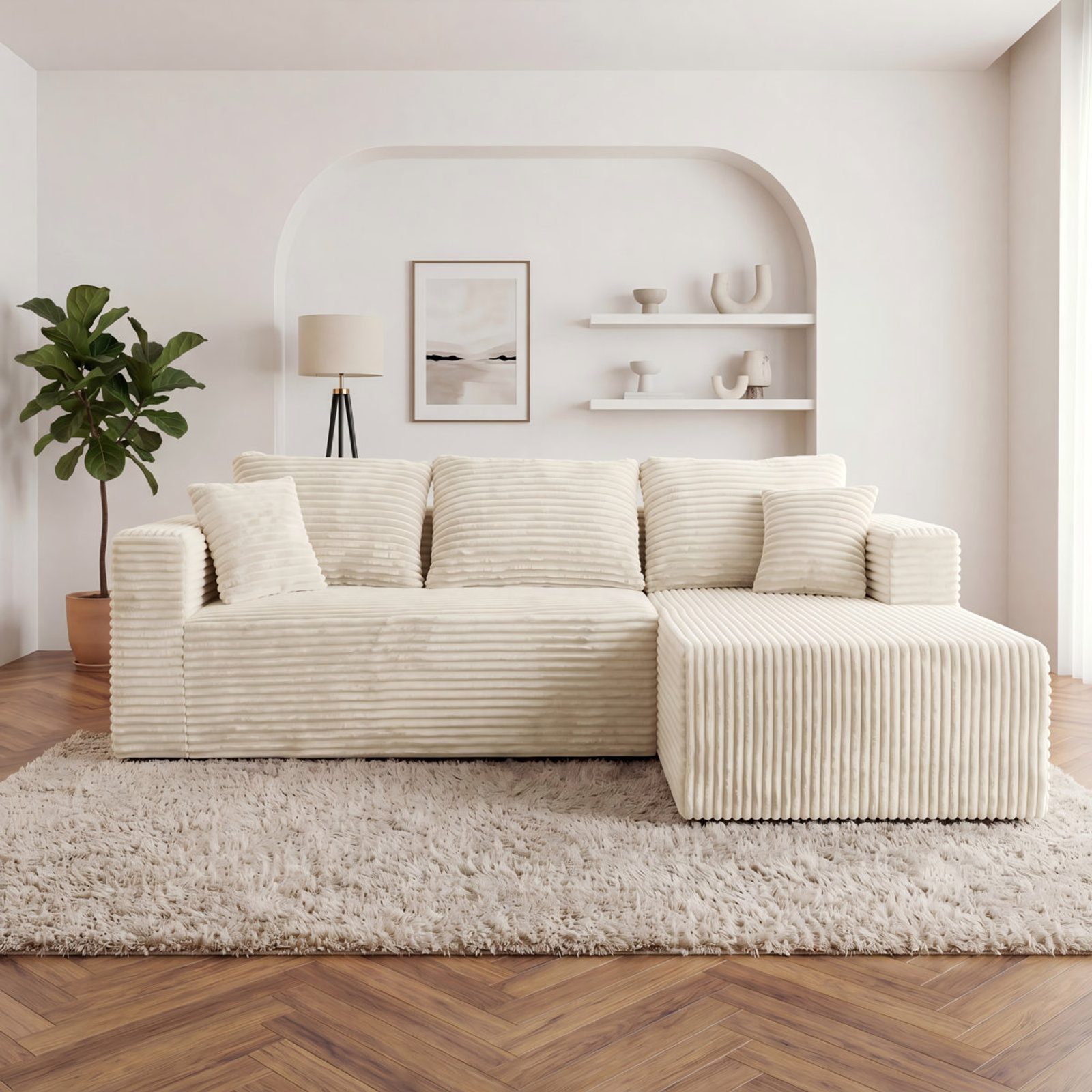 The L compressed sofa with its single projecting chaise in Cream White.