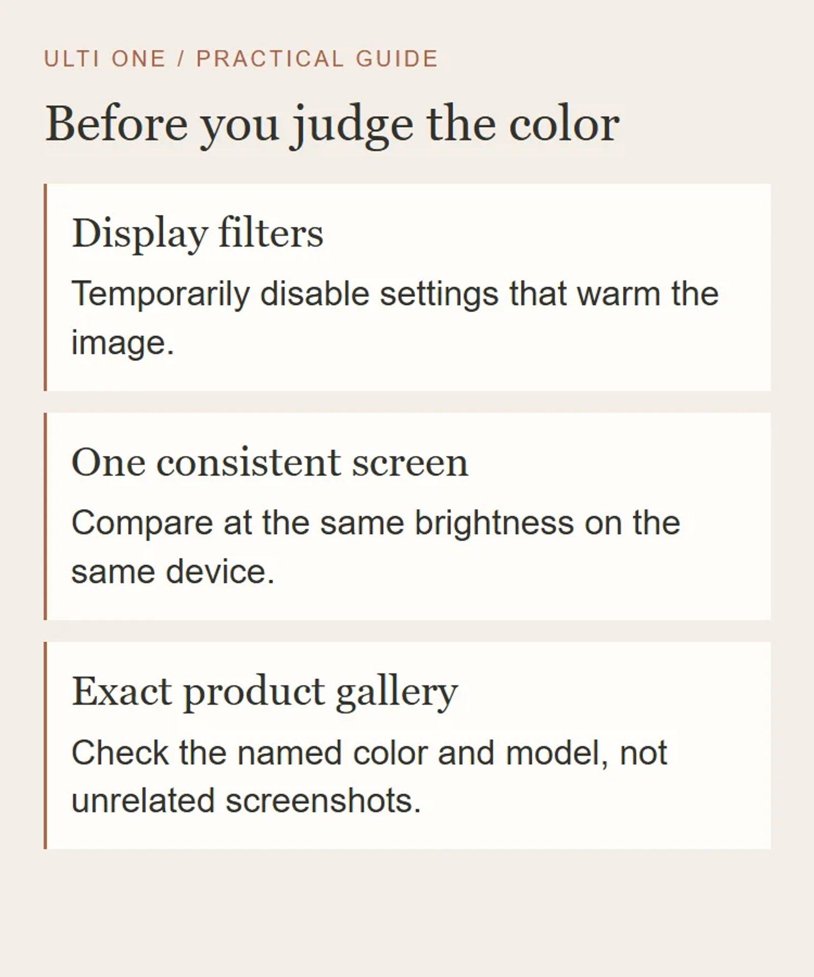 A three-step screen check: disable warming filters, keep brightness consistent, and use the exact product gallery.