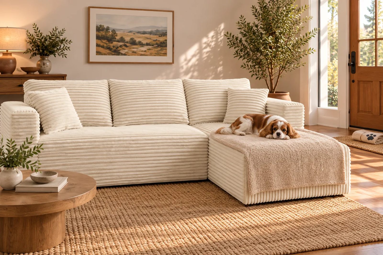 A small dog rests on a chaise throw, with a paw towel and floor mat near the room entrance.