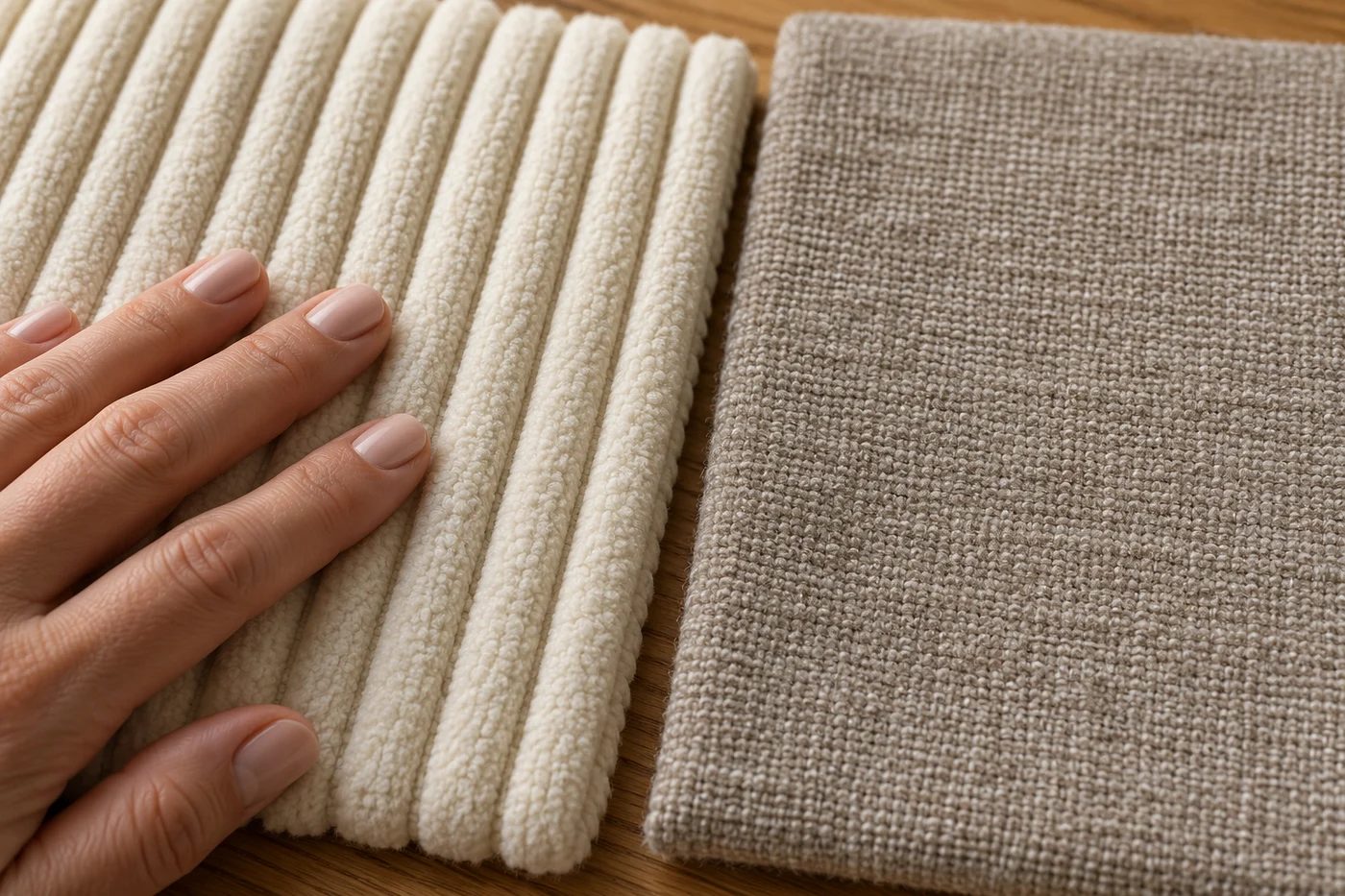 A hand comparing cream wide-wale corduroy and greige chenille samples at the same scale.