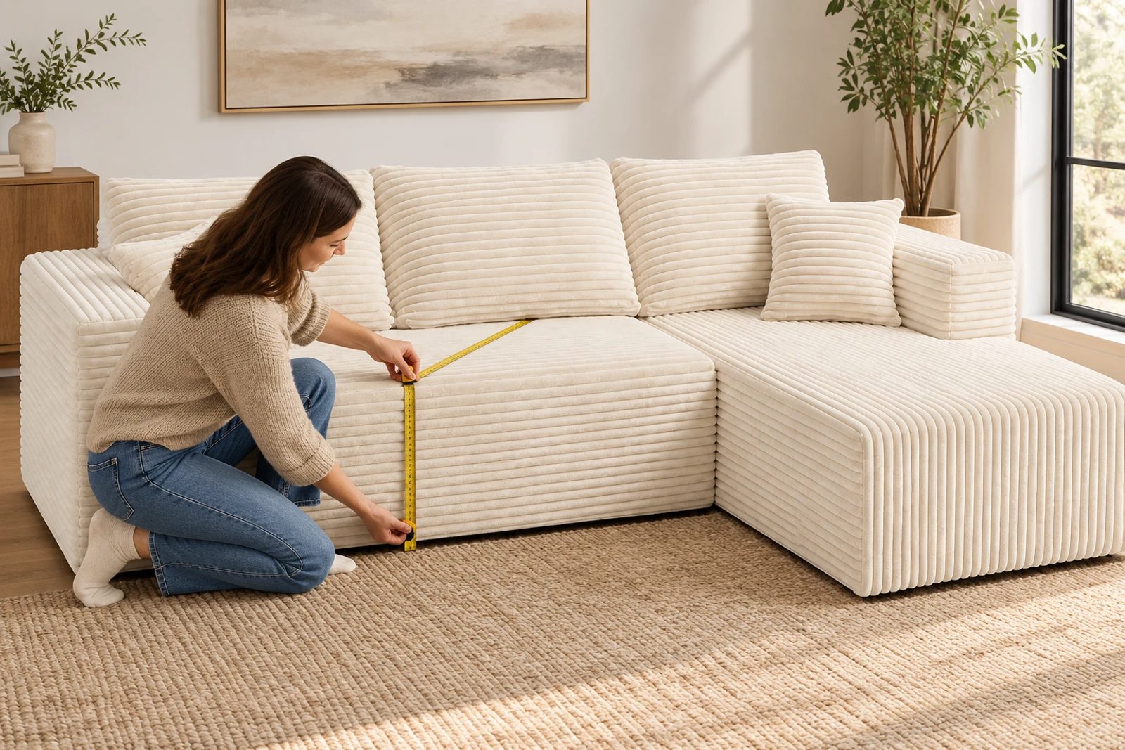 Measure floor-to-seat height and usable depth separately from the back height and chaise reach.