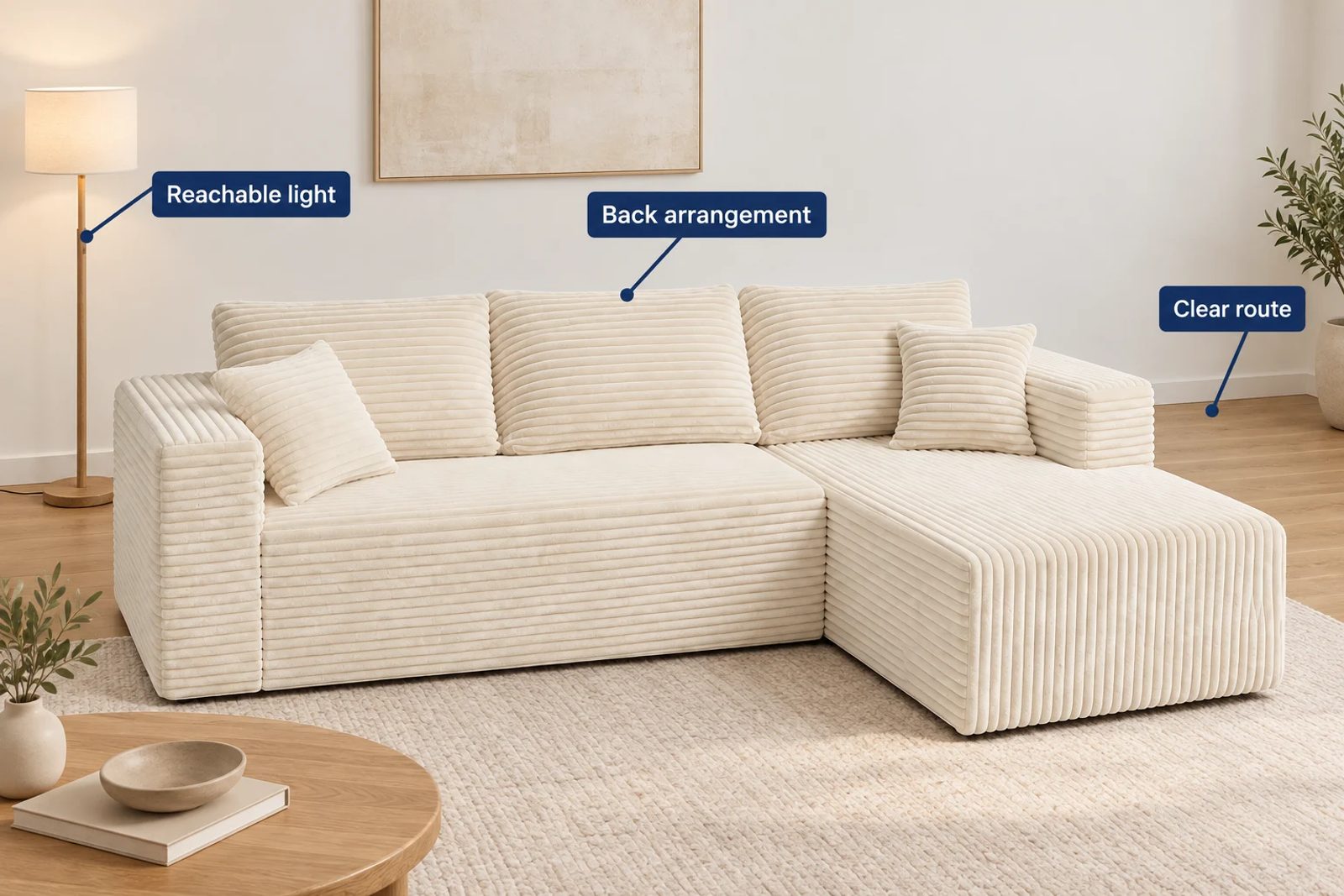 THE L in a room shows its back pillows, an accessible reading light and a clear route beside the chaise.