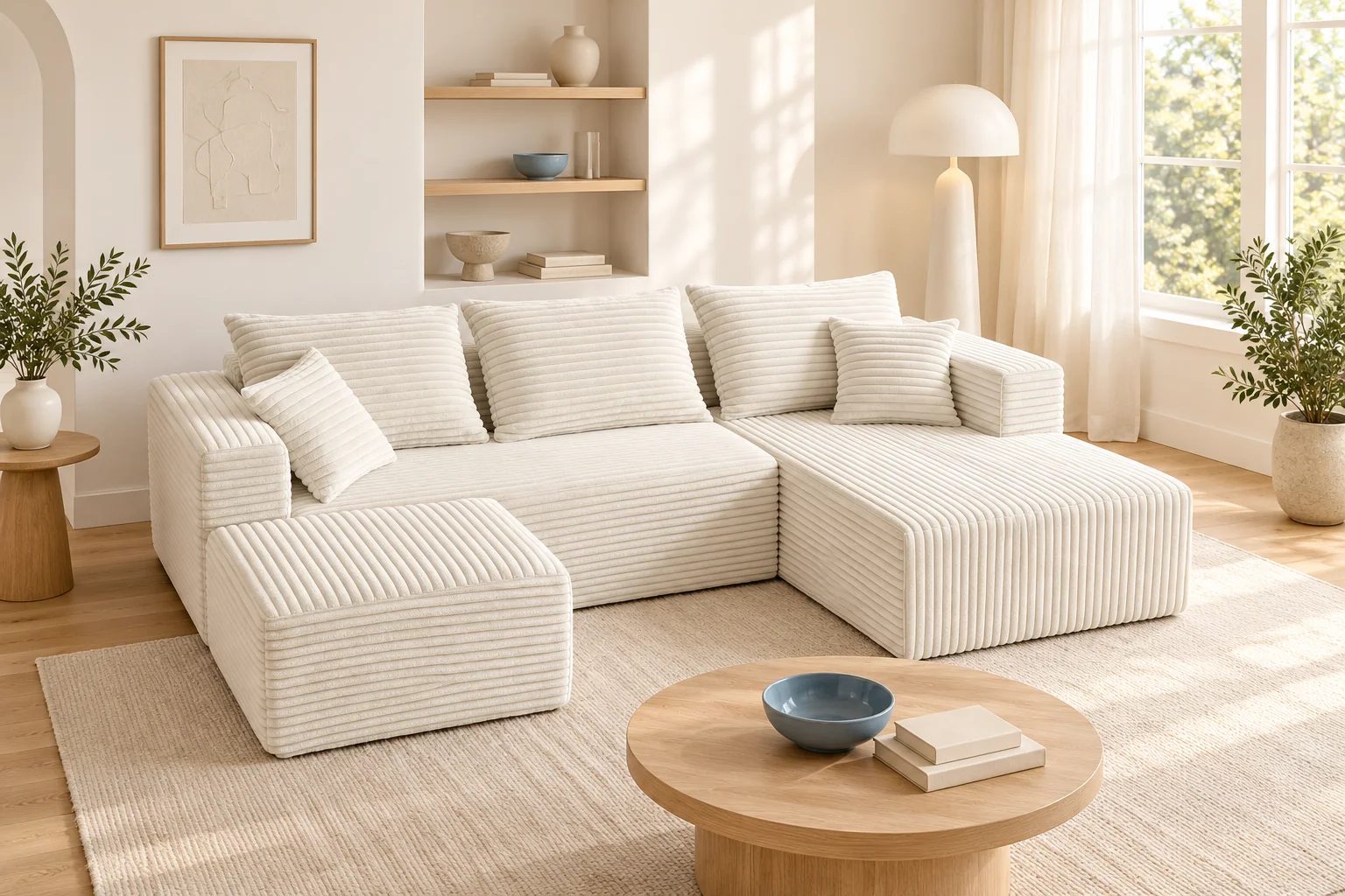 THE U compressed sofa in Cream White wide-wale corduroy sits beside simple wood furniture and a quiet rug.