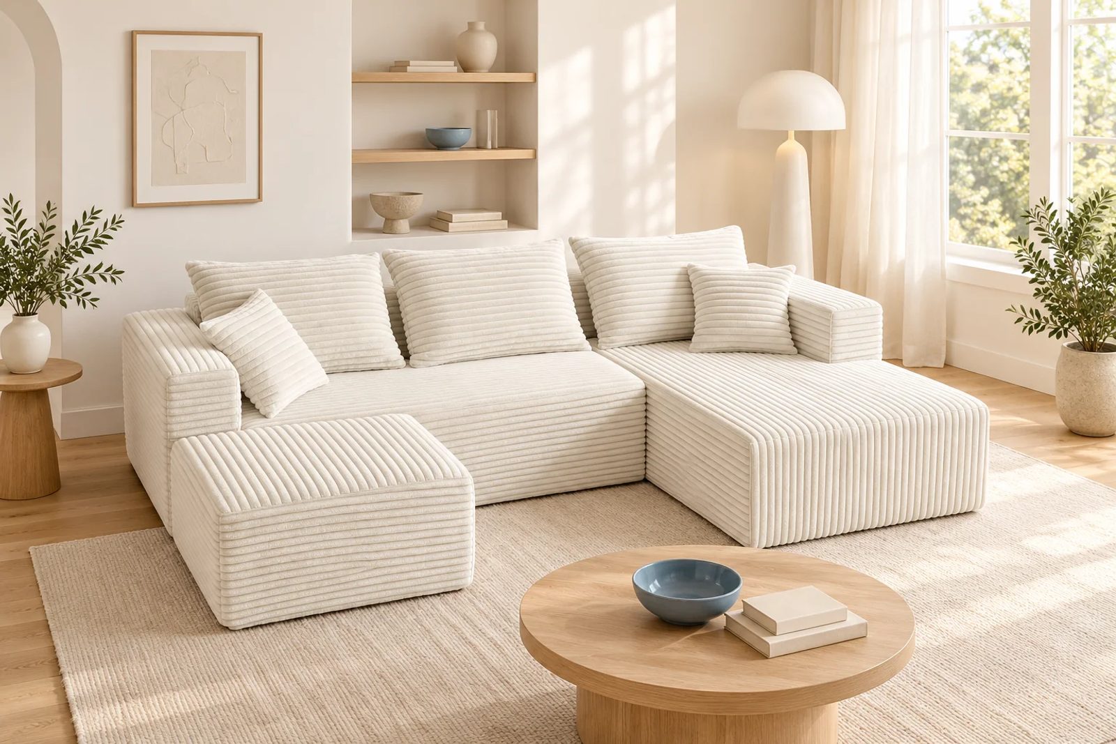 THE U compressed sofa in Cream White wide-wale corduroy sits beside simple wood furniture and a quiet rug.