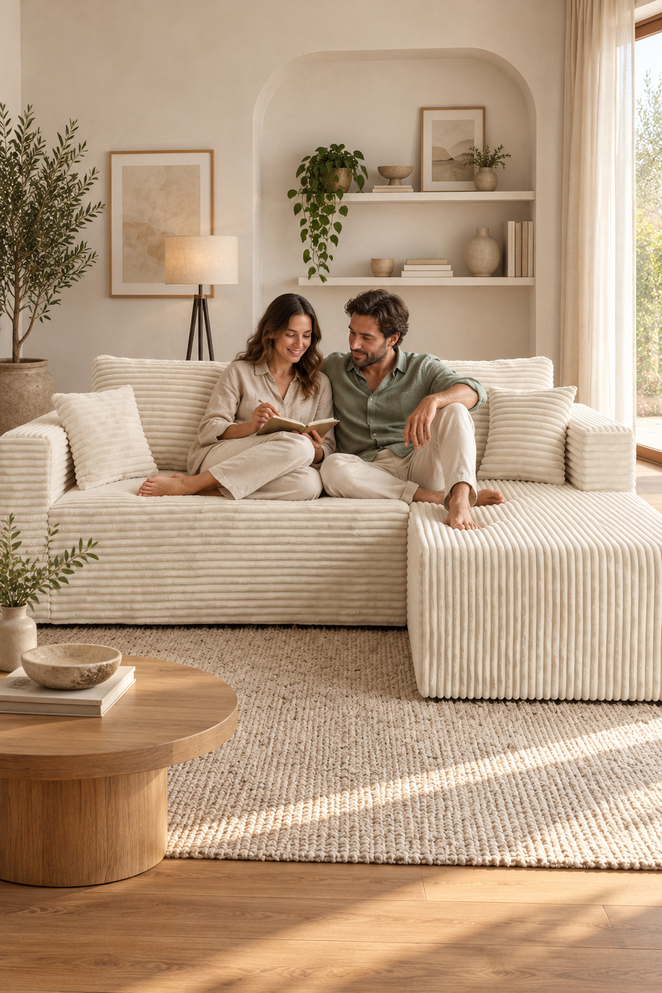 Couple discussing a notebook on a cream-white wide-wale corduroy compressed sofa.