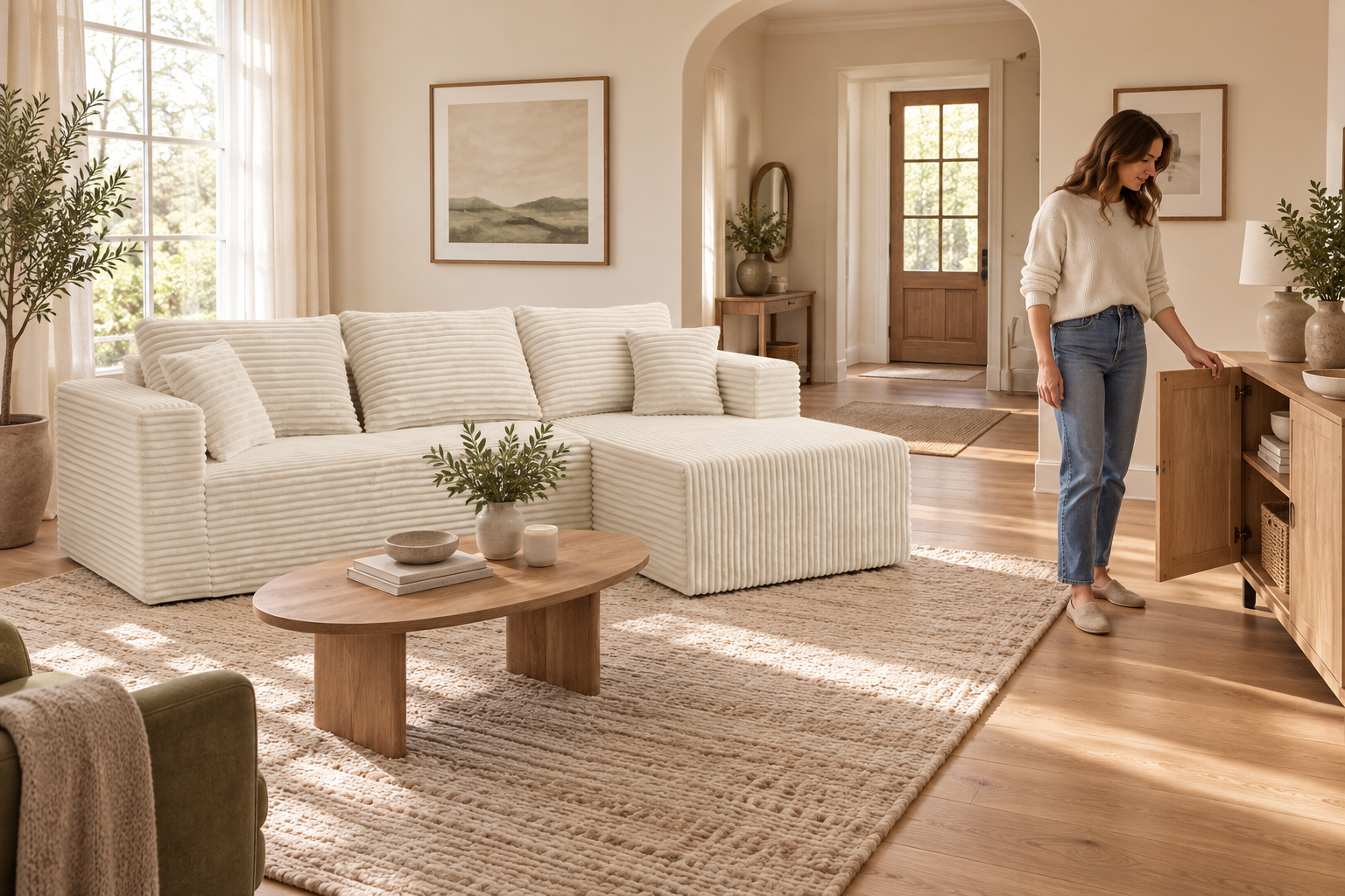 A living-room layout with space to open the cabinet and walk beside a Cream White corduroy L-shaped sofa.