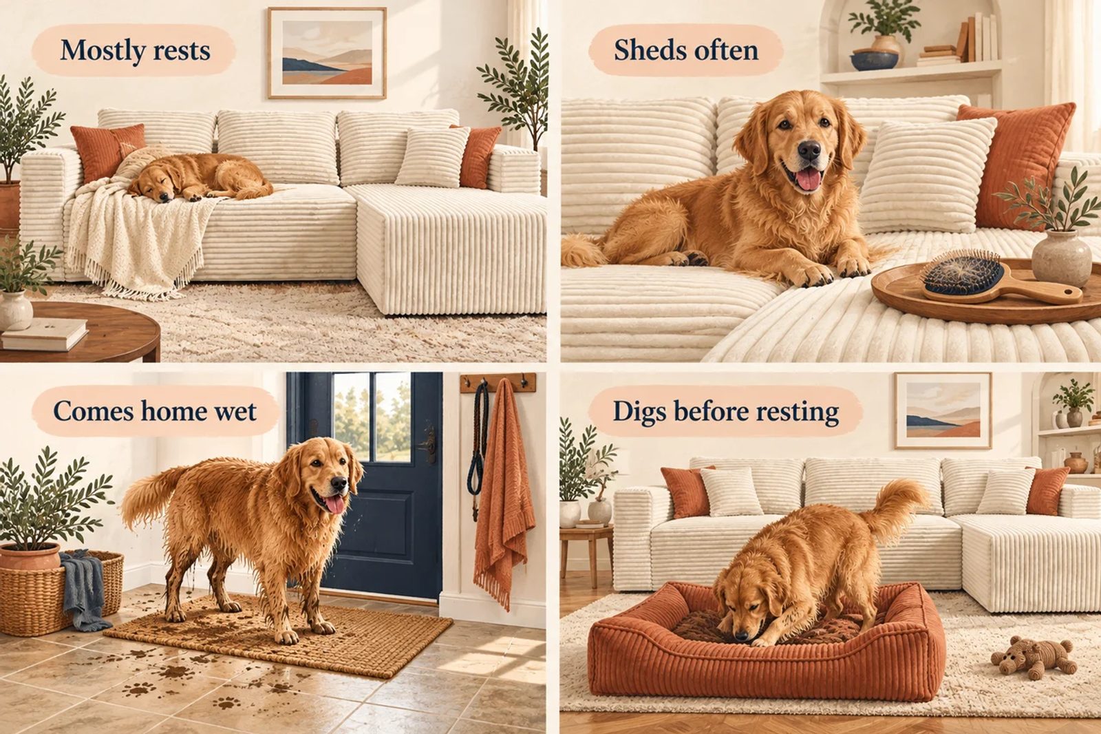 Four illustrated dog routines show resting, shedding, wet walks and digging before settling.