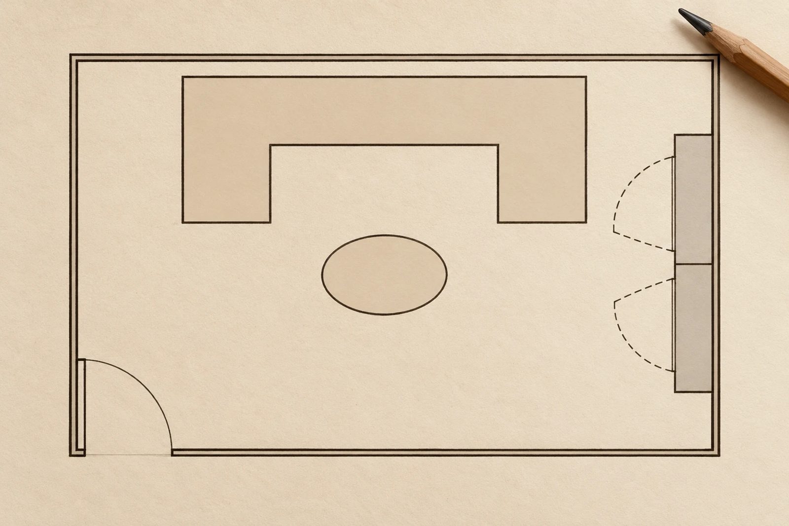 Draw the table and operating doors separately from the sectional footprint.