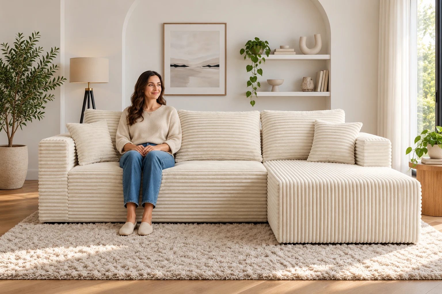 An adult sits upright on a cream wide-wale corduroy sectional with feet resting on the floor.