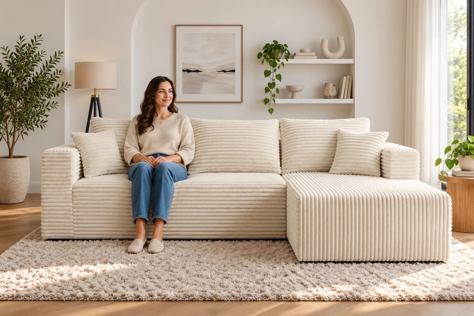 An adult sits upright on a cream wide-wale corduroy sectional with feet resting on the floor.