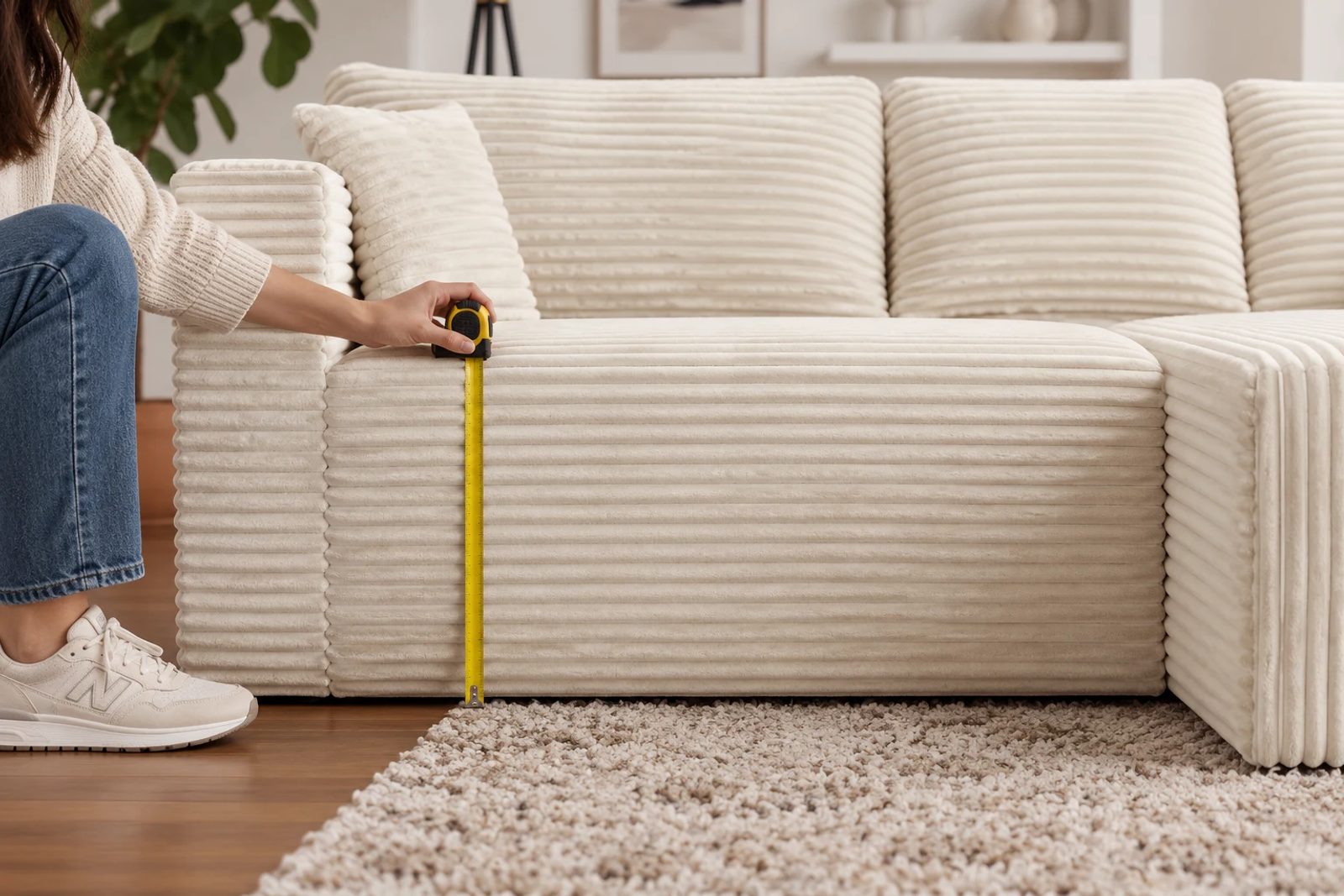 A hand checks the front seating surface height with a tape beside the square corduroy sofa base.